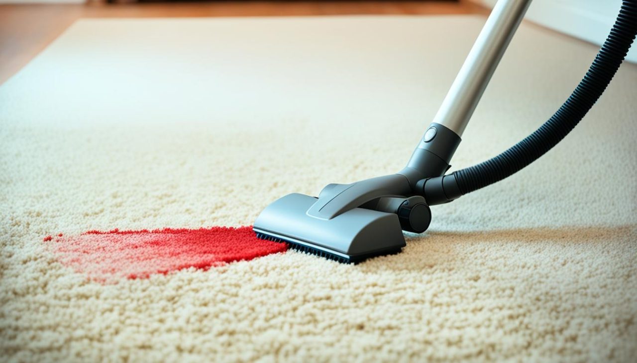 Vacuum cleaner nozzle hovering over a dirty carpet