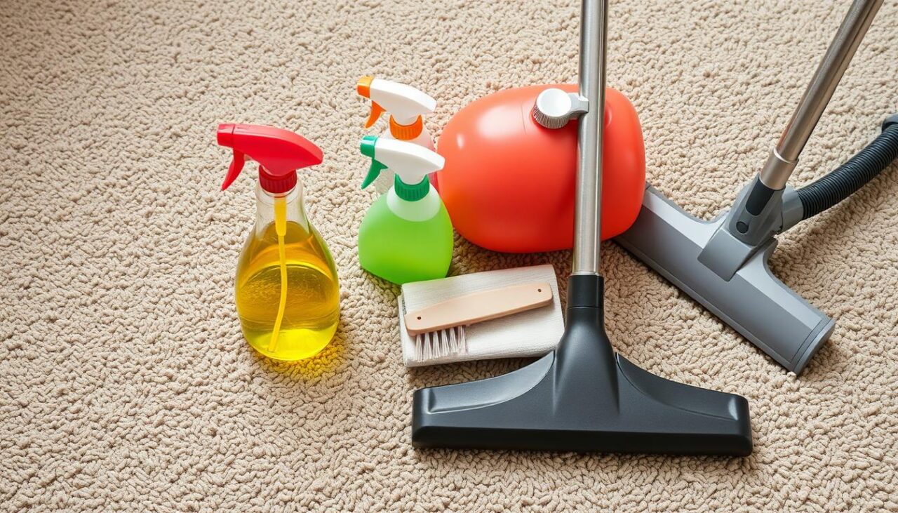 Vacuum cleaner with cleaning products on carpet