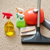 Vacuum cleaner with cleaning products on carpet