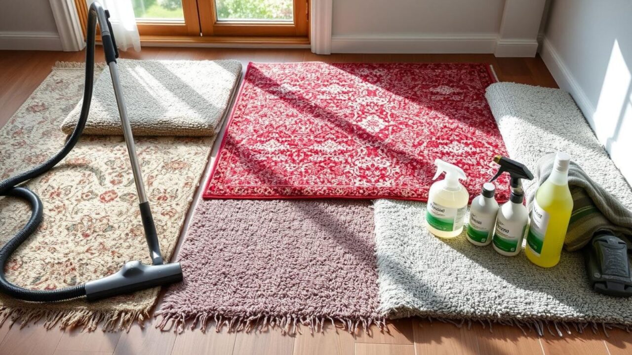 Different carpets arranged on Wooden Floor