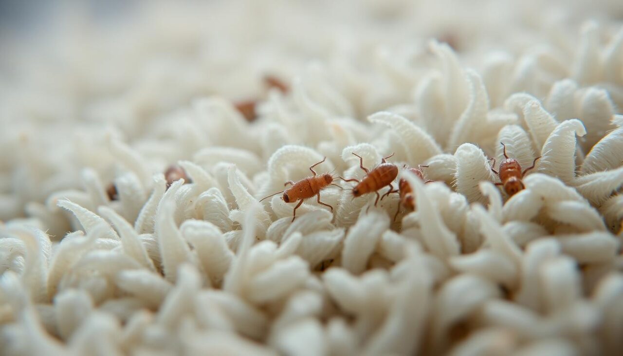 Close-up view of carpet fibers with microscopic dust mites nestled between the strands