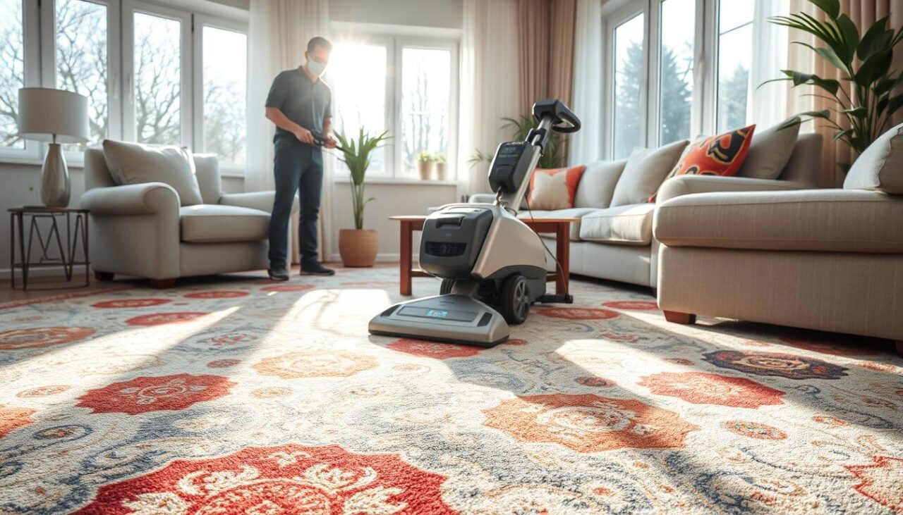 a professional carpet cleaner using a modern steam cleaning machine