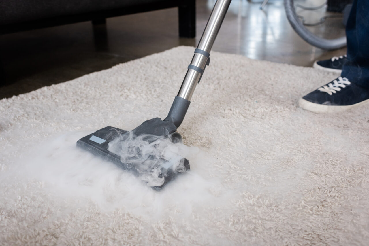 Cleaner using vacuum cleaner with hot steam on carpet at home