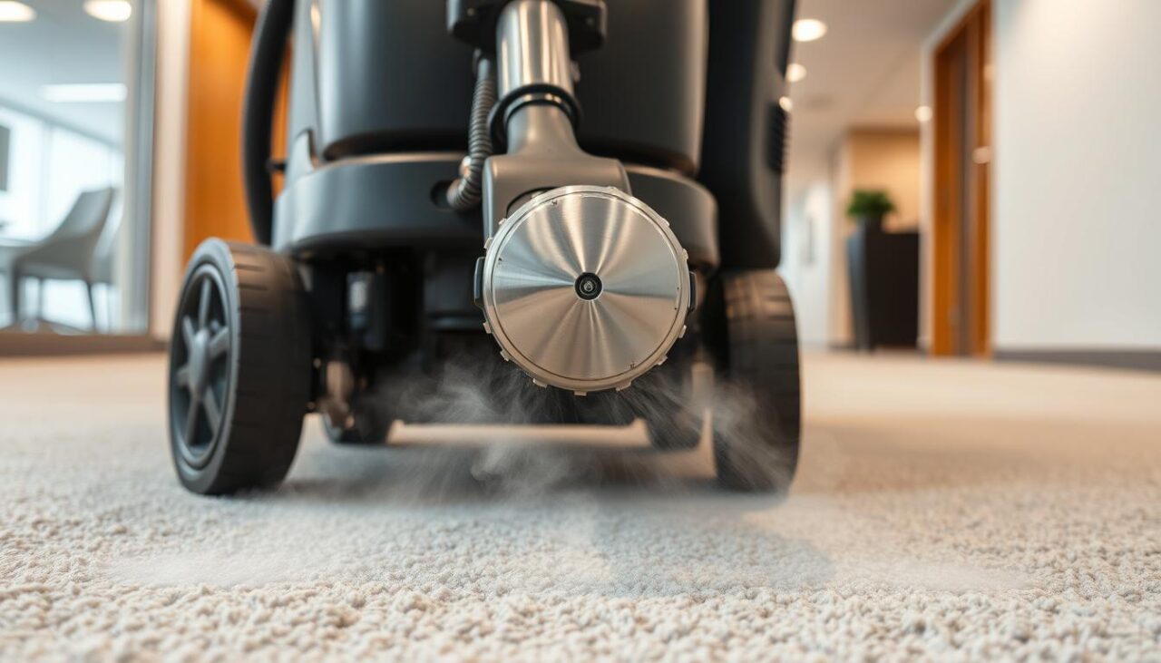 A professional-grade steam cleaner with a high-pressure hot water extraction system, operating in a well-lit commercial office setting