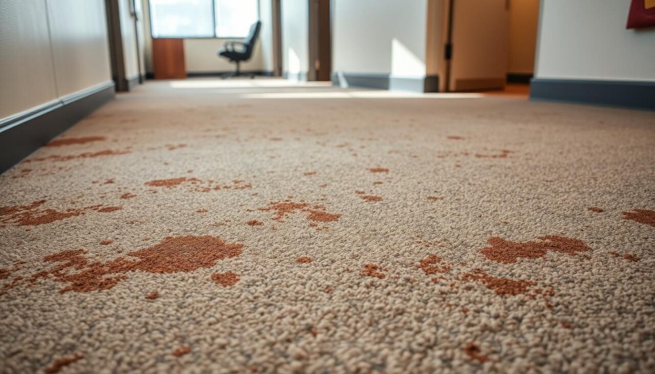 An office with worn stained carpet