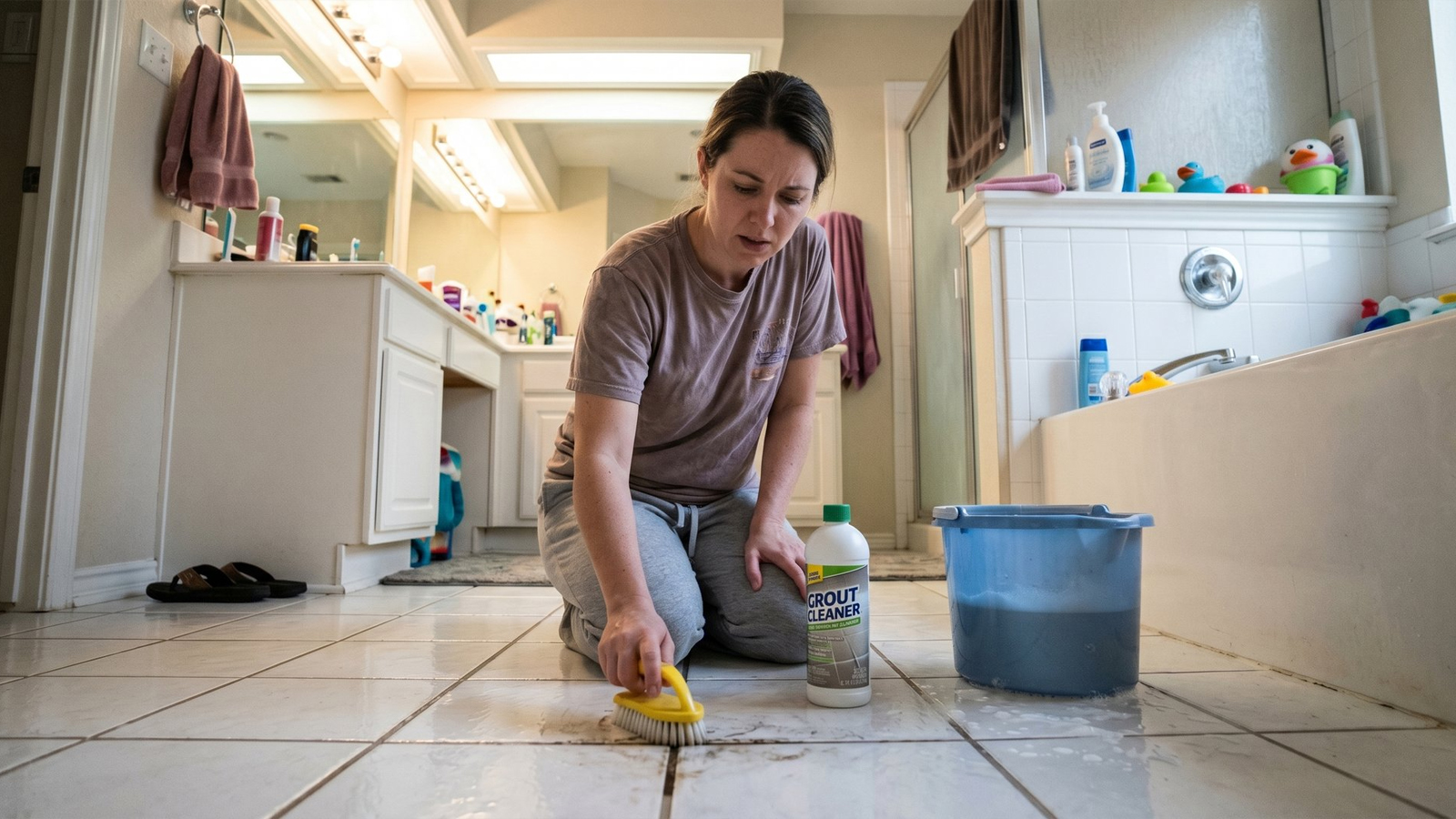 Frustrated Home Owner Cleaning Tile Grout