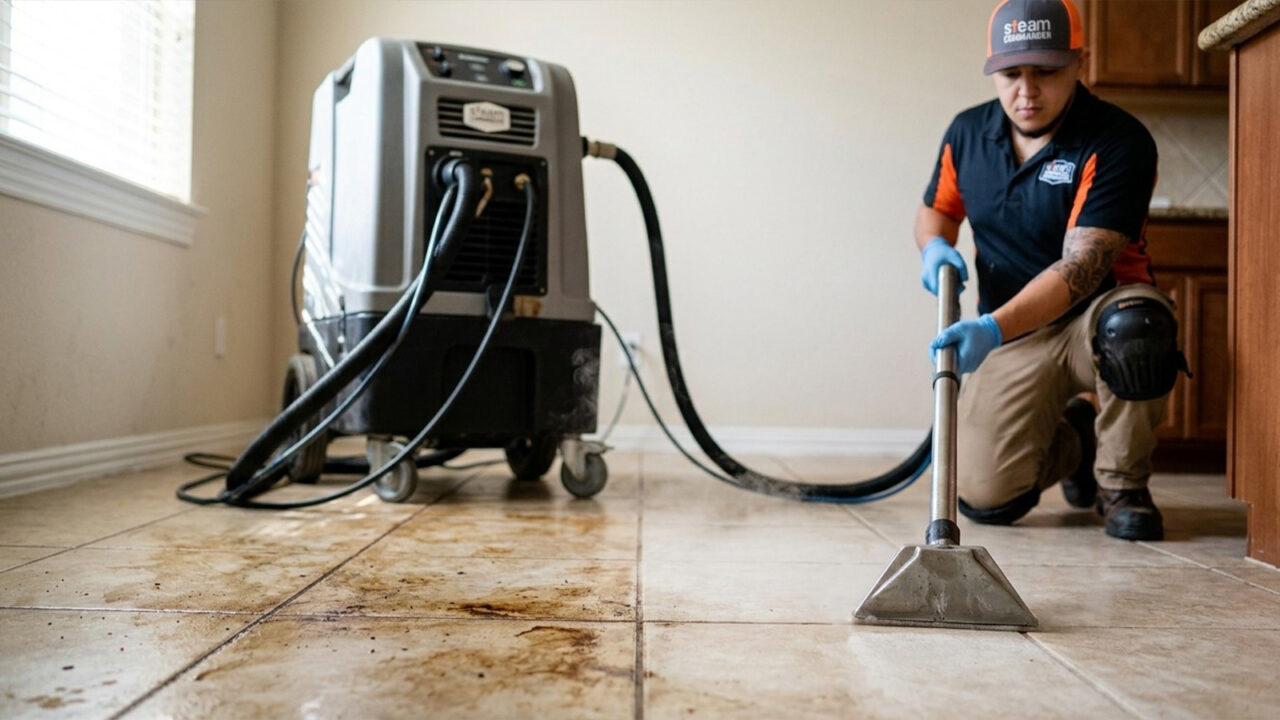 Gerardo at Steam Commander Cleaning the Tile of a Cypress Home