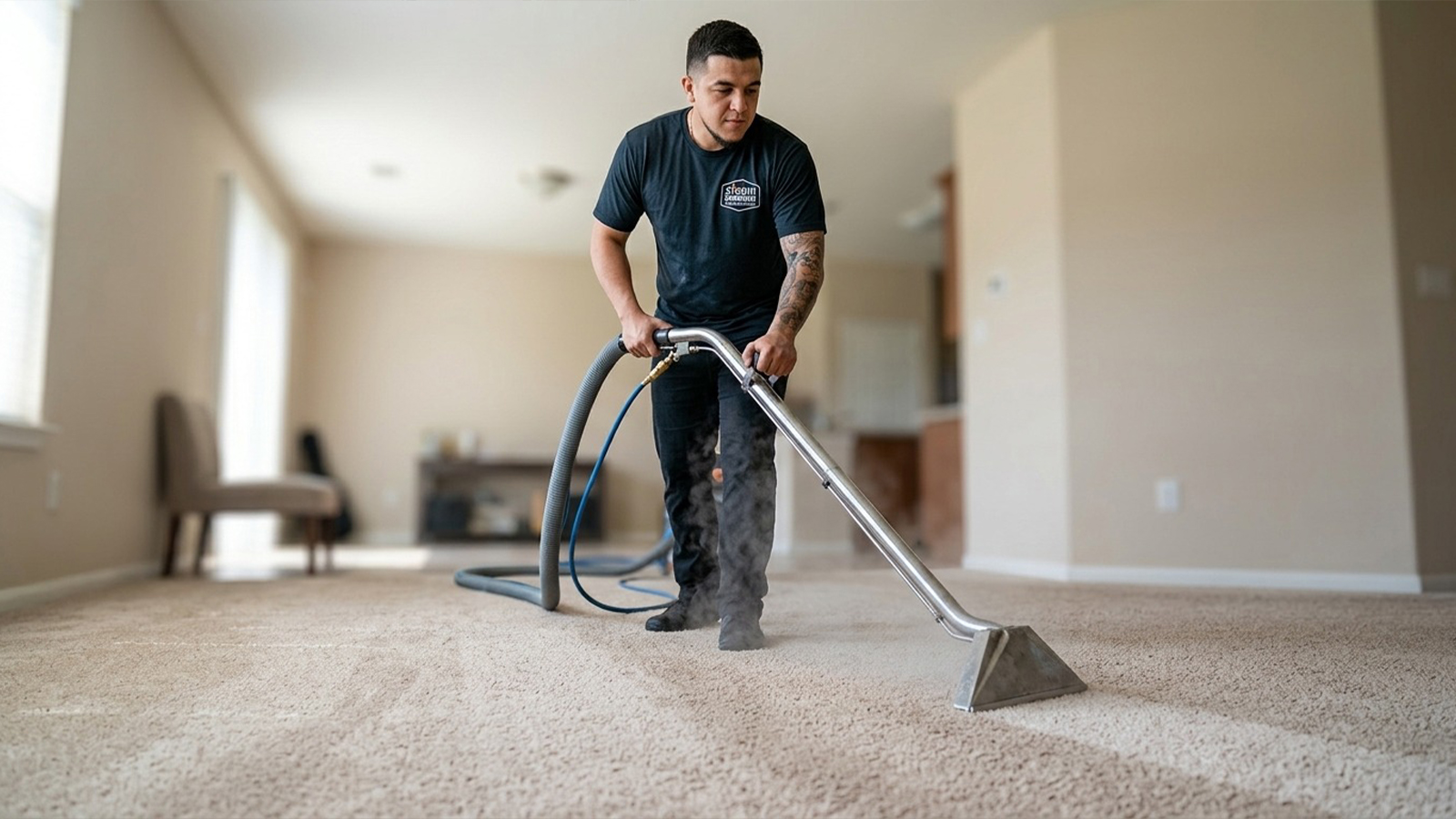 Gerardo cleaning the carpet in a house in Coles Crossing Cypress TX