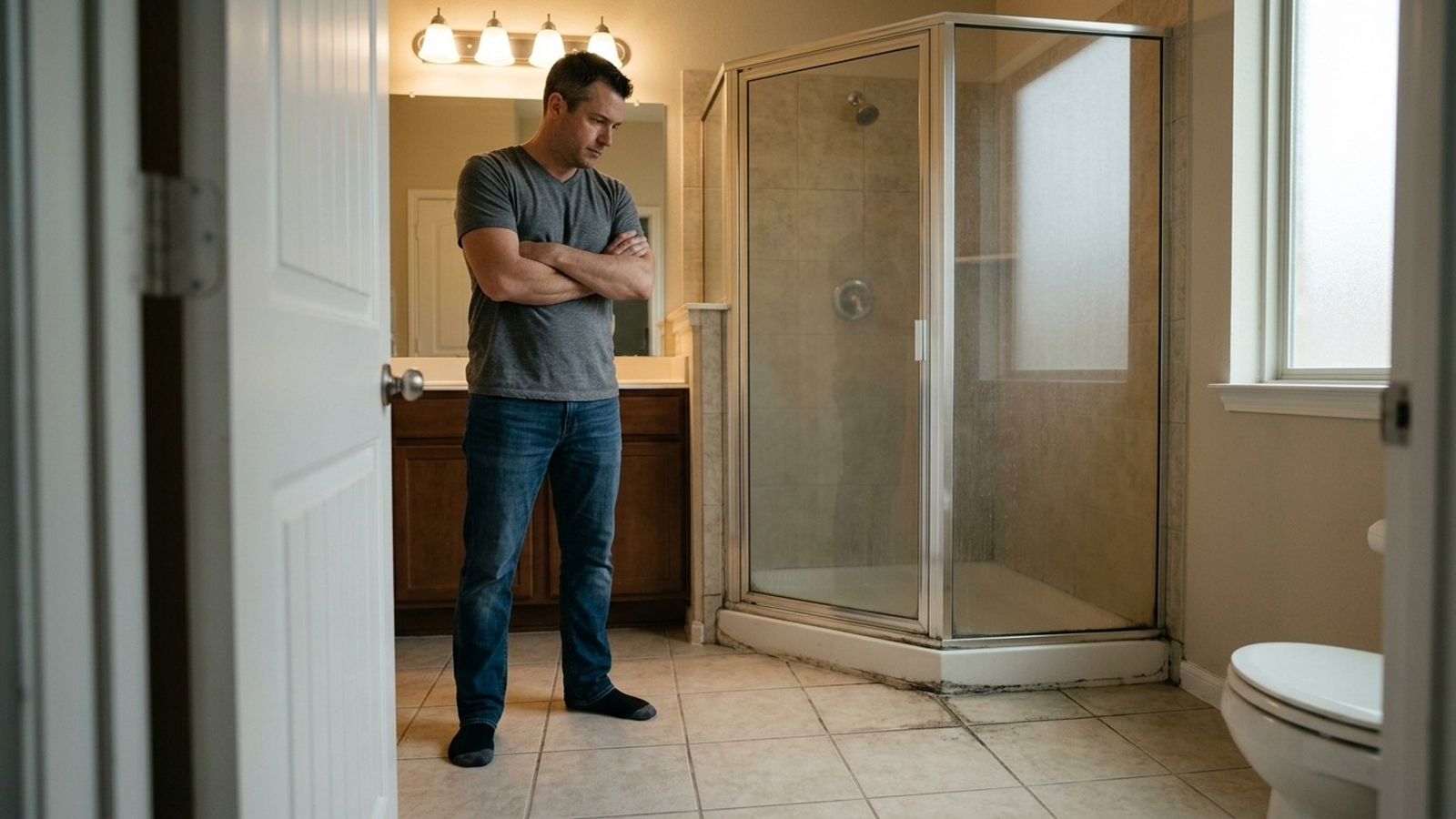 Homeowner looking at dirty grout by shower