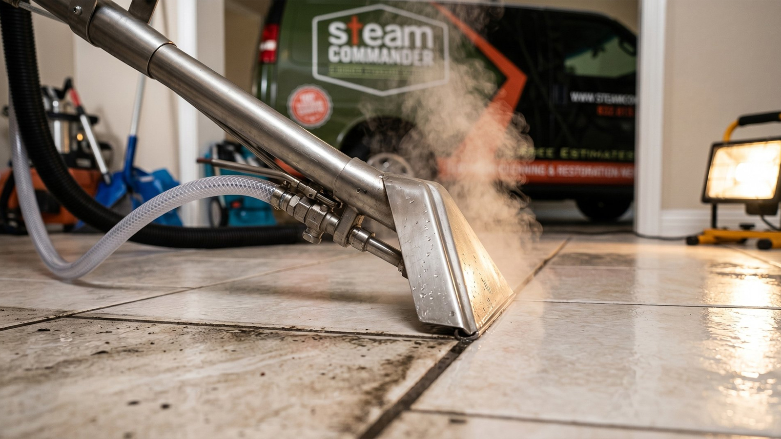 Steam Commander cleaning the Grout of a home with Steam Machine