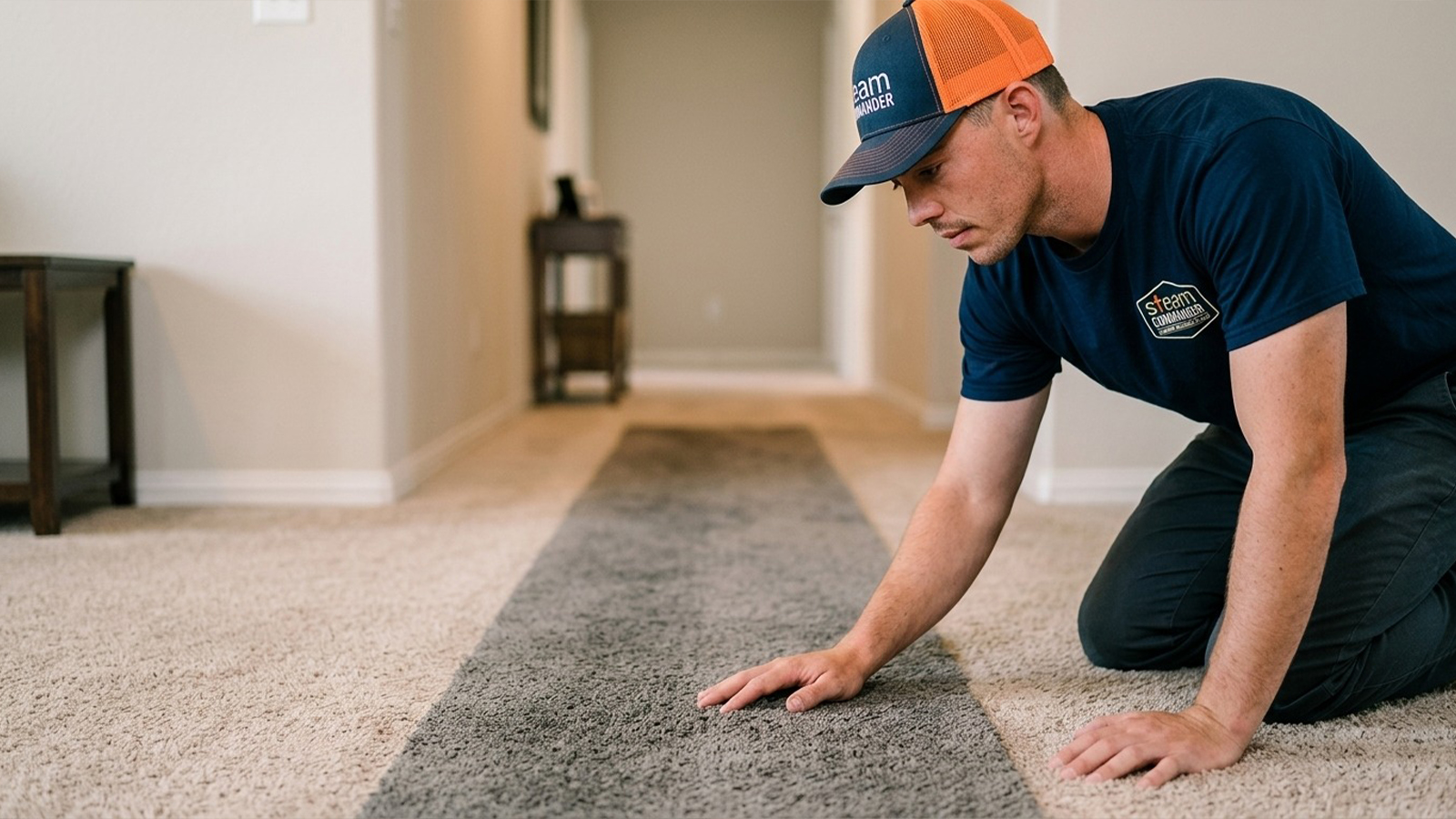 Steam Commander tech looking at Carpet in Coles Crossing Neighborhood