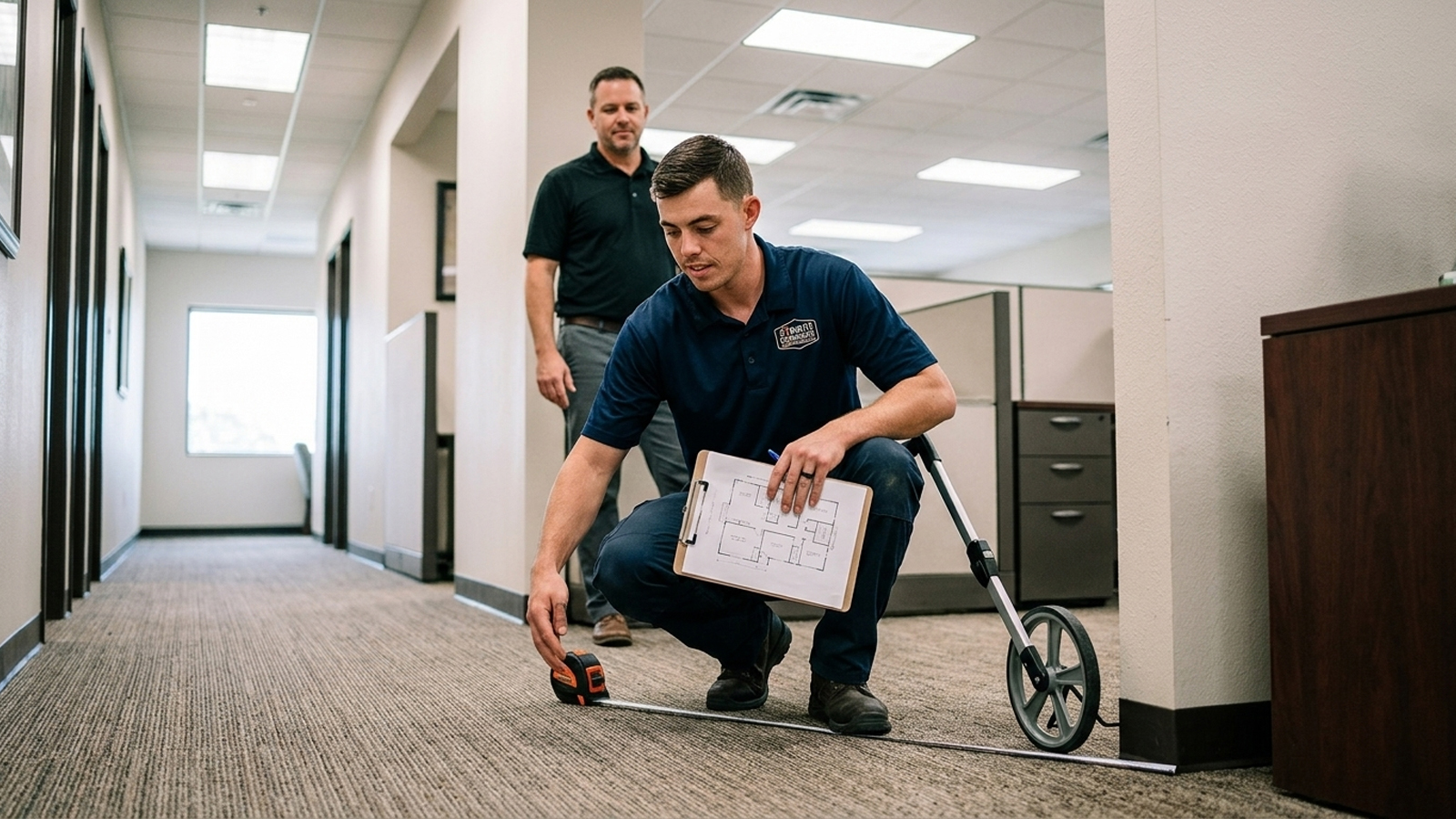 Steam Commander technician measuring commercial carpet layout for cost estimate in Cypress TX office