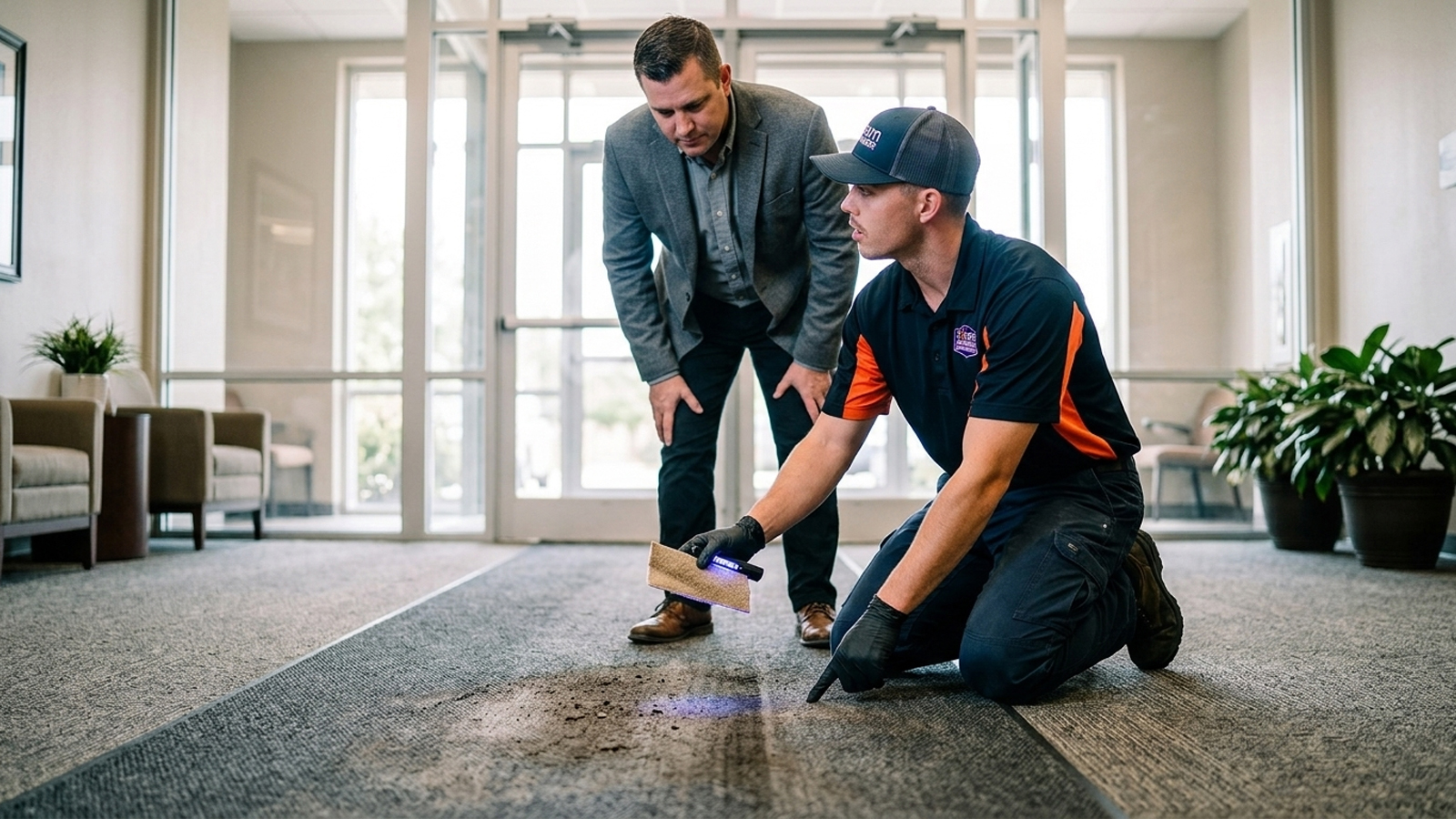 Steam Commander technician inspecting high-traffic carpet soil load in Cypress TX commercial entryway