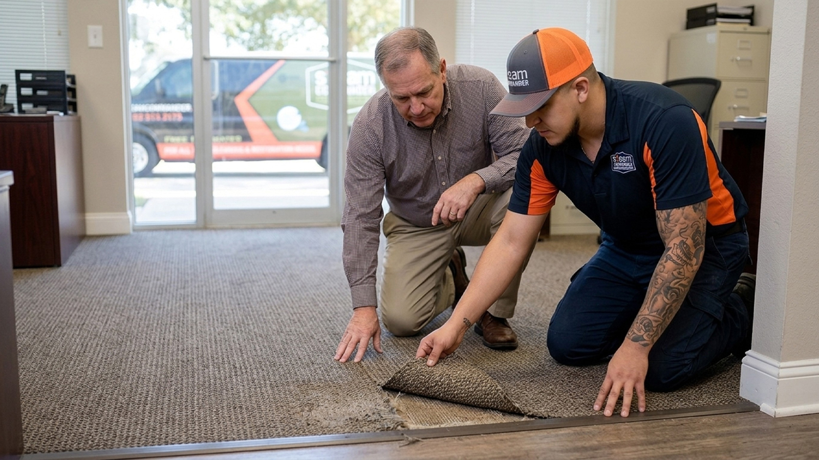 Steam Commander technician inspecting commercial carpet fiber type and condition in Cypress TX office