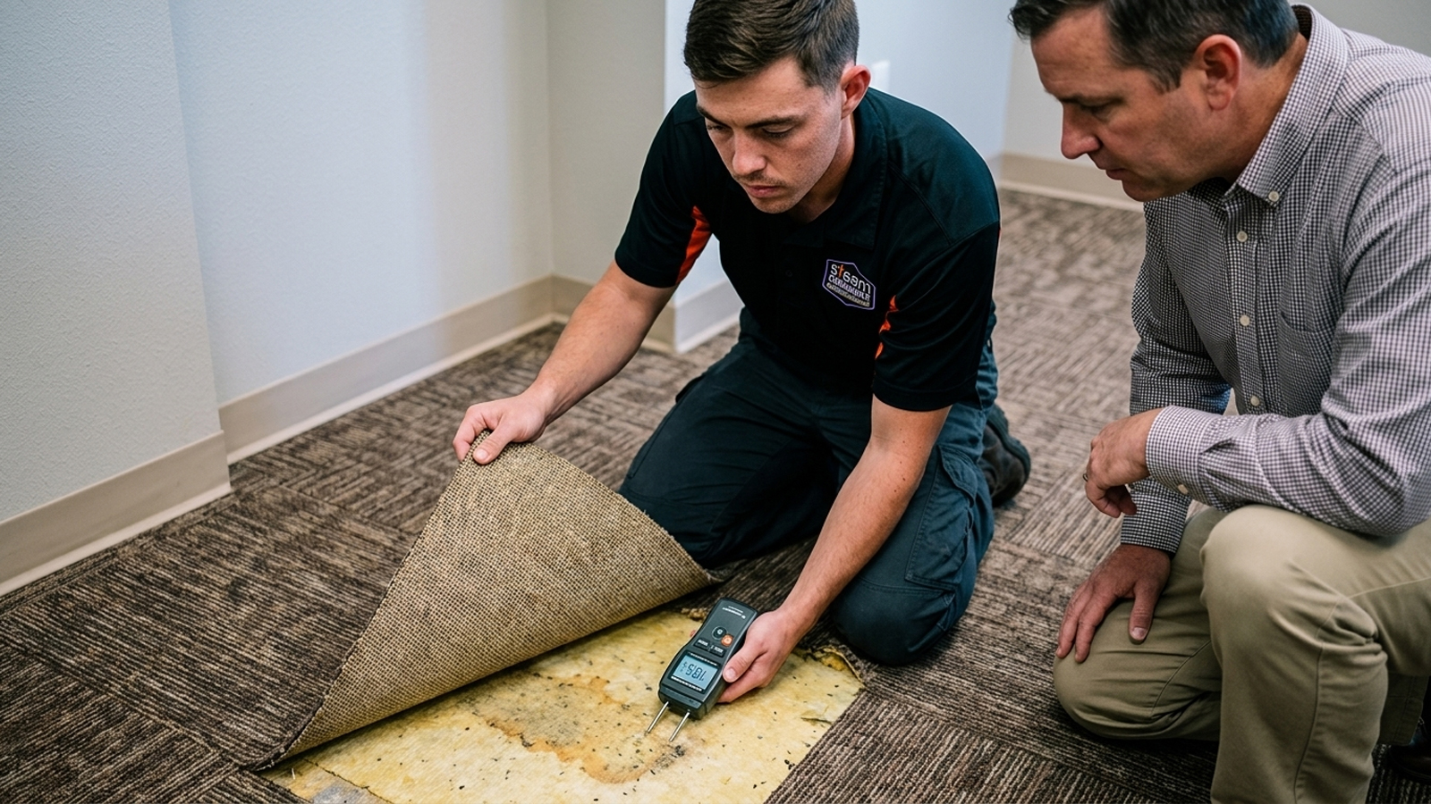 Steam Commander technician checking hidden carpet moisture in Cypress TX commercial building