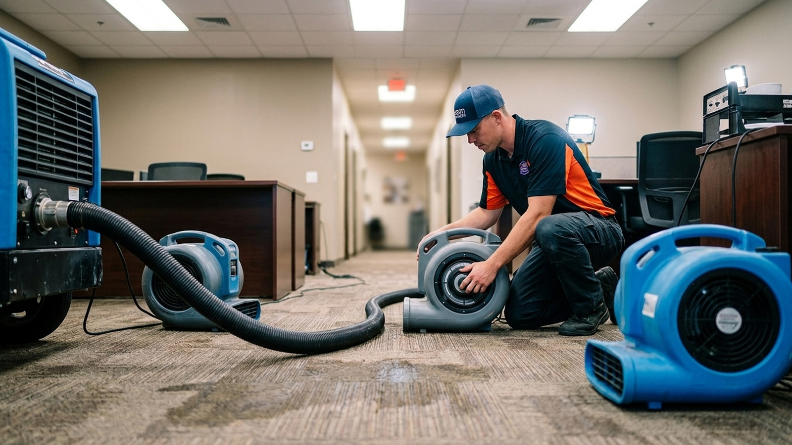 Industrial air movers drying commercial carpet during Steam Commander service in Cypress TX