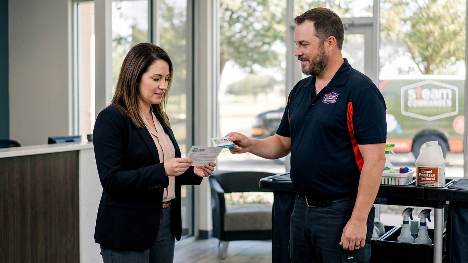 Steam Commander technician showing IICRC certification to Cypress TX facilities manager