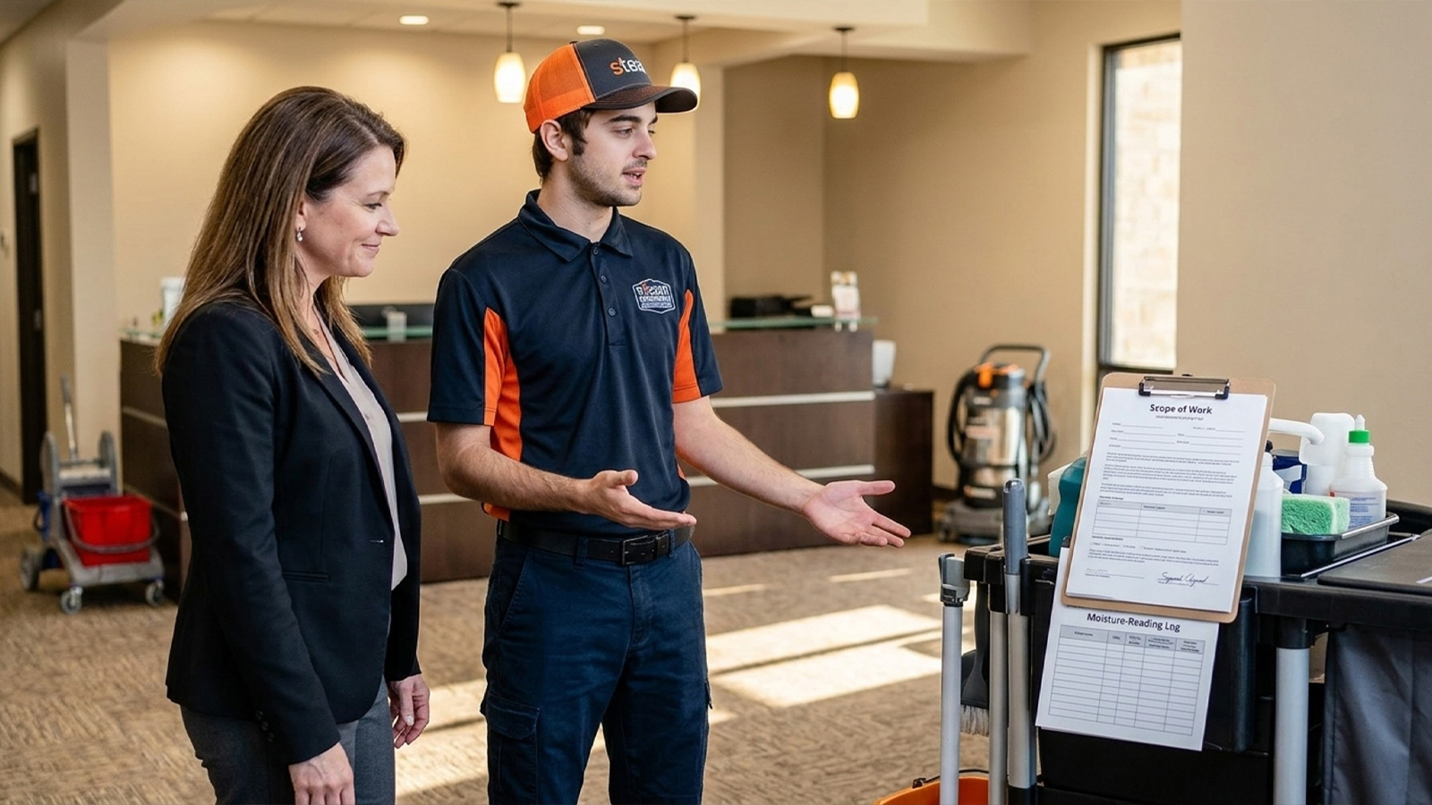 Steam Commander technician presenting completed commercial carpet cleaning results in Cypress TX
