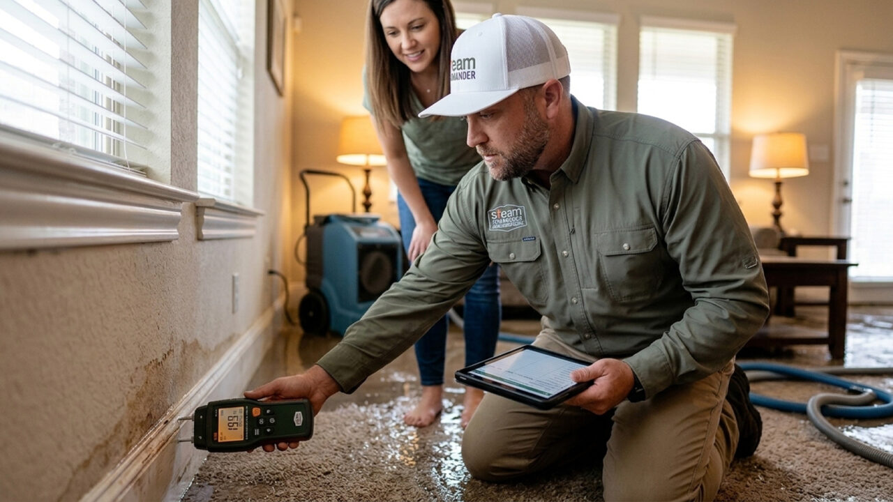 Steam Commander technician takes moisture reading during water damage restoration in a Cypress, TX home