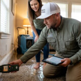 Steam Commander technician takes moisture reading during water damage restoration in a Cypress, TX home