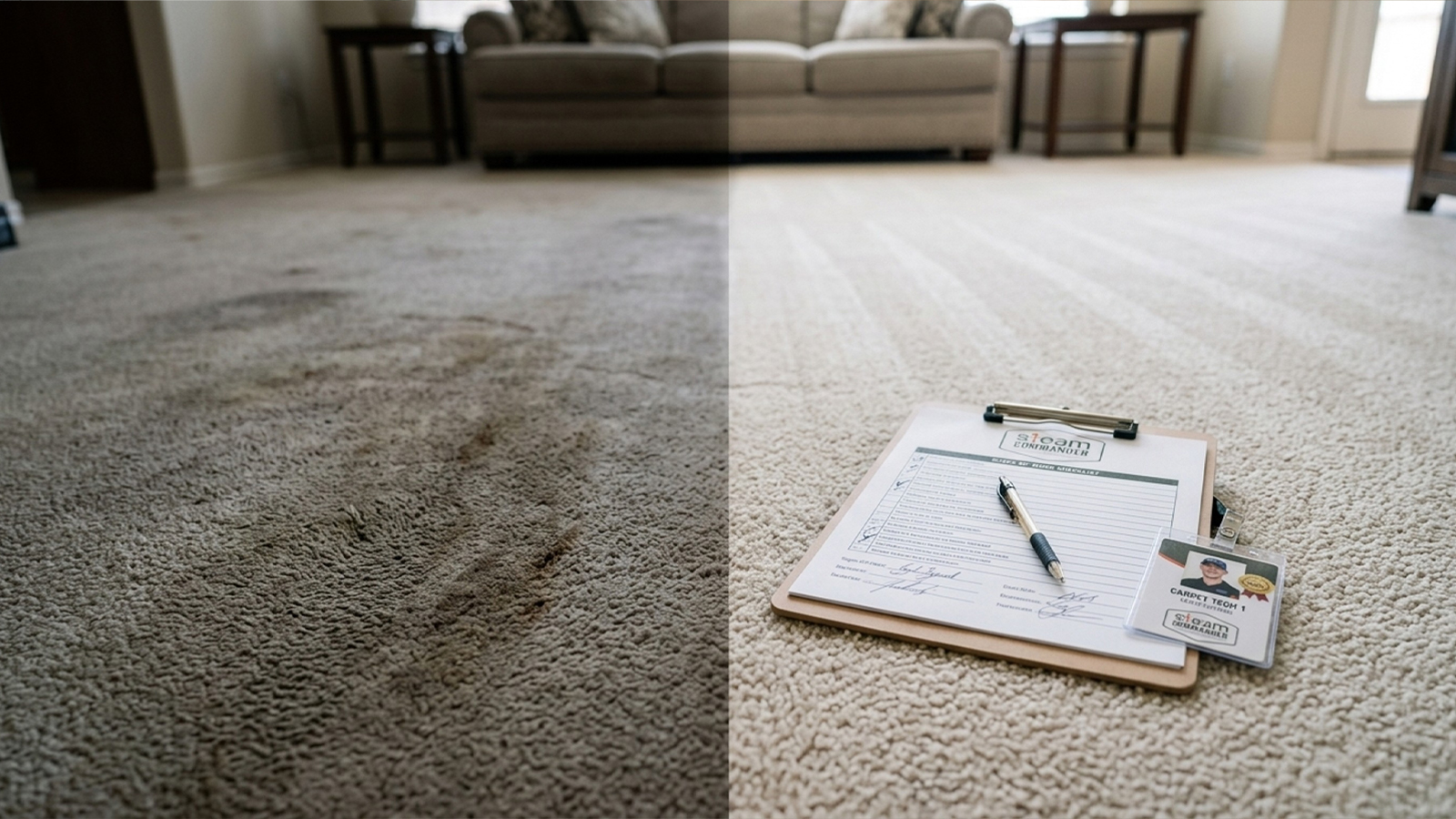 Before and after carpet cleaning results with technician credentials checklist in a Fairfield Village home