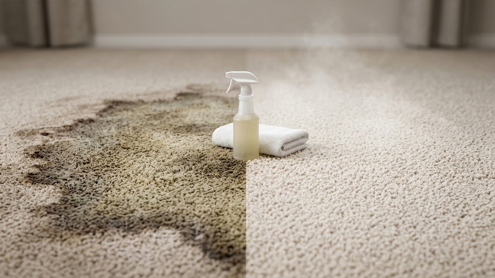 Before and after carpet comparison showing musty pet stain versus professionally cleaned fibers