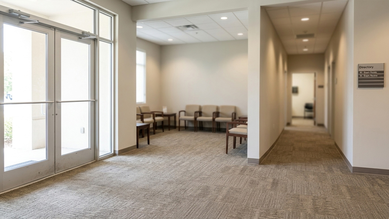 Houston medical clinic entry, waiting room, and hallway showing zones for commercial carpet cleaning frequency