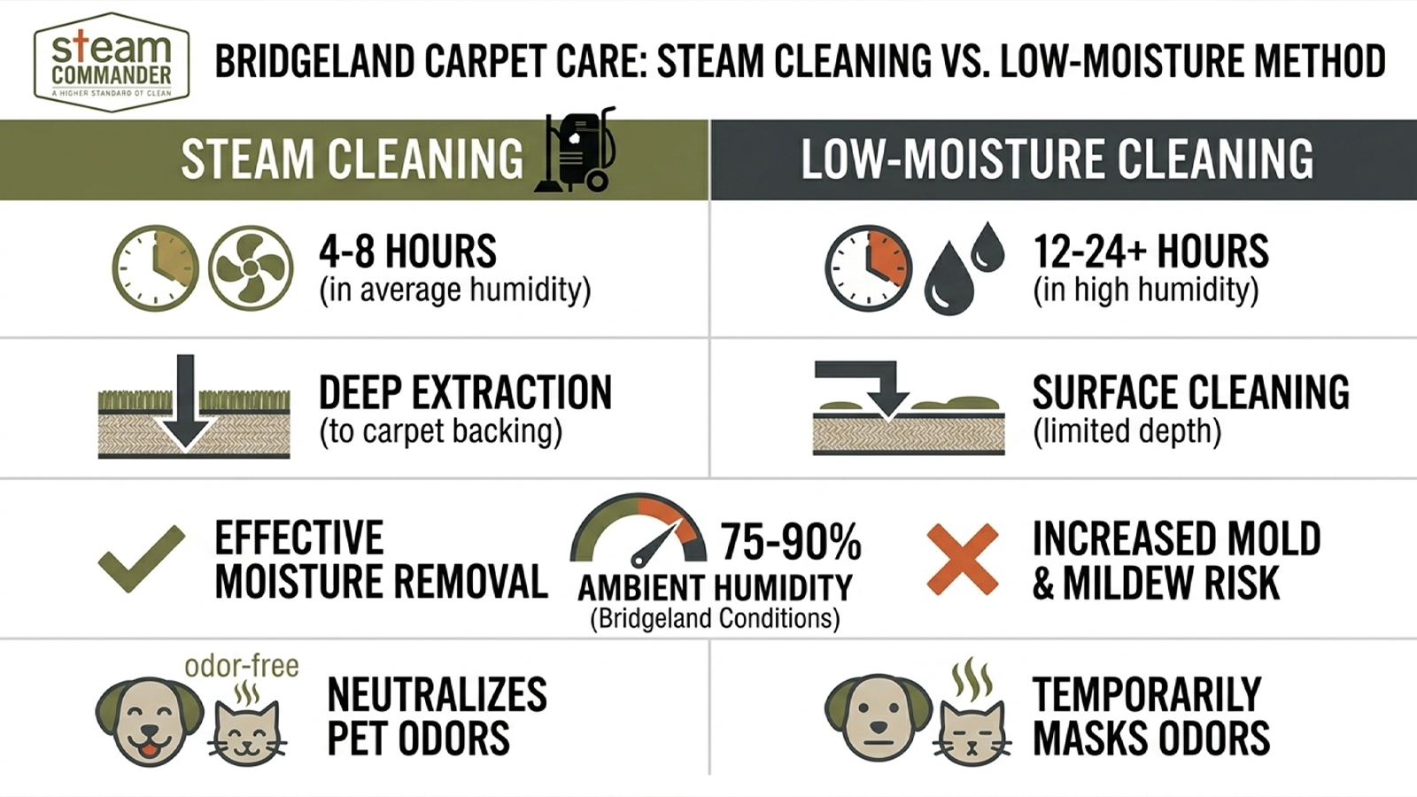 Infographic comparing steam cleaning and low-moisture cleaning methods for Bridgeland's humid climate