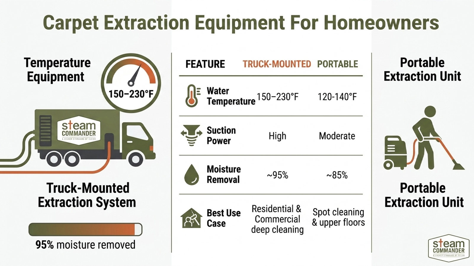 Infographic comparing truck-mounted vs portable hot water extraction systems for carpet cleaning