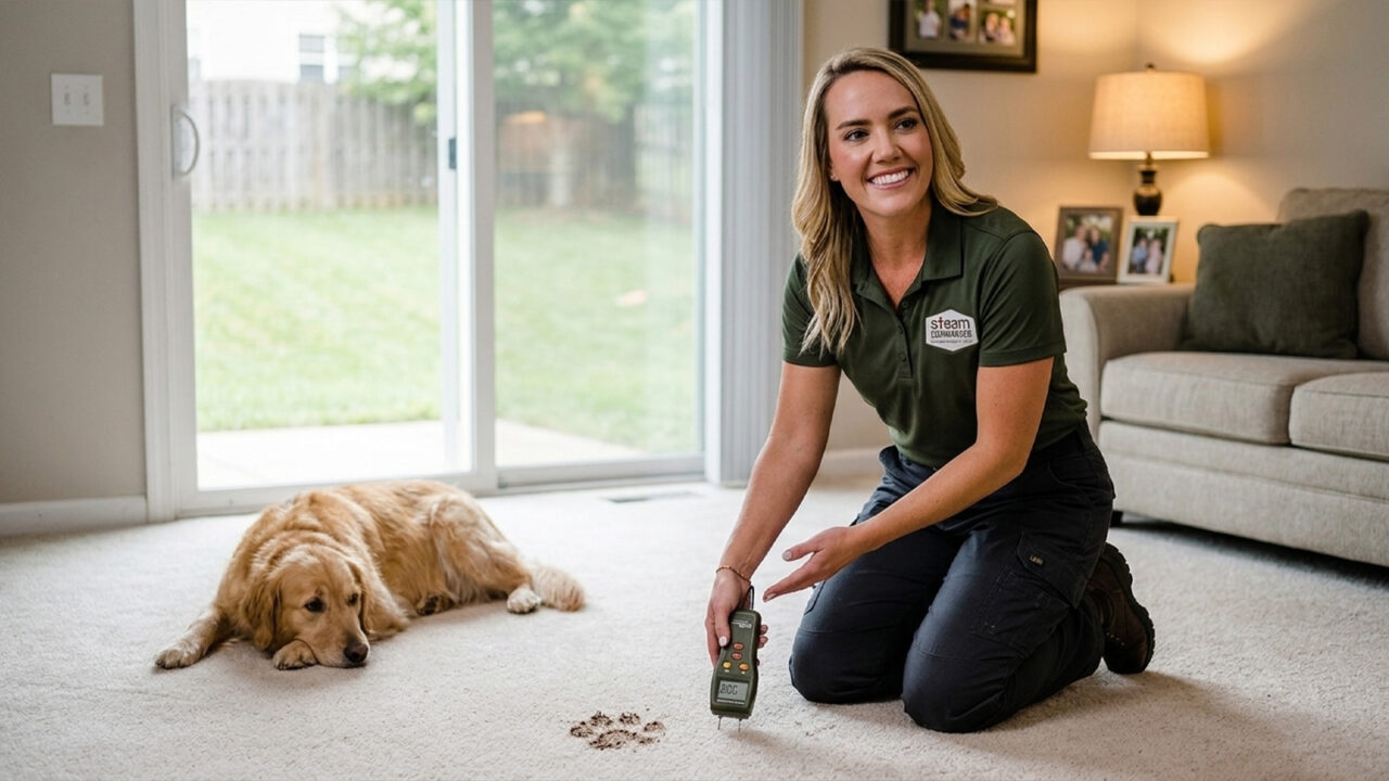 Mary Jo checks hidden carpet moisture with a meter in a Bridgeland home near Lakeland Village Park