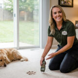 Mary Jo checks hidden carpet moisture with a meter in a Bridgeland home near Lakeland Village Park