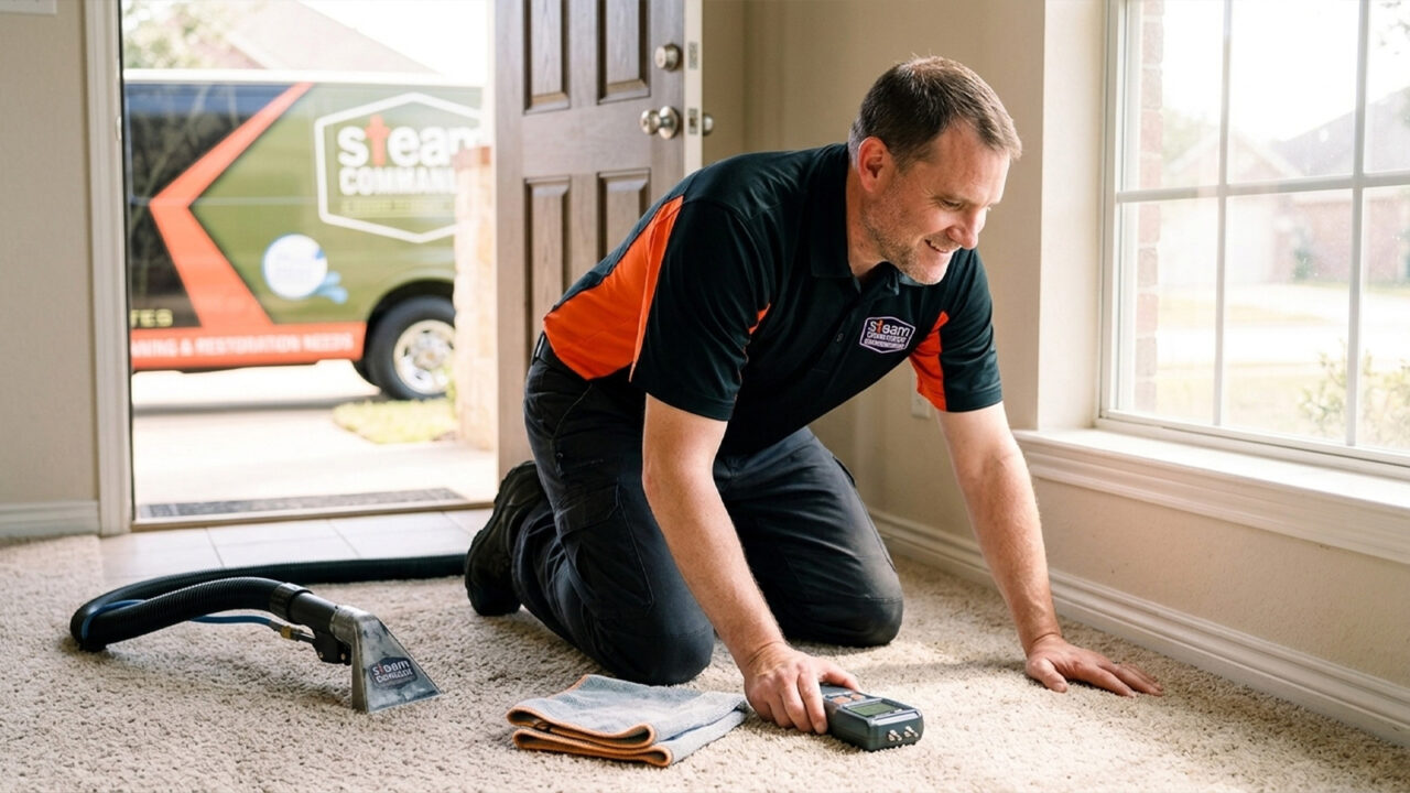Steam Commander owner checking moisture levels after carpet cleaning near Fairfield Village Cypress home