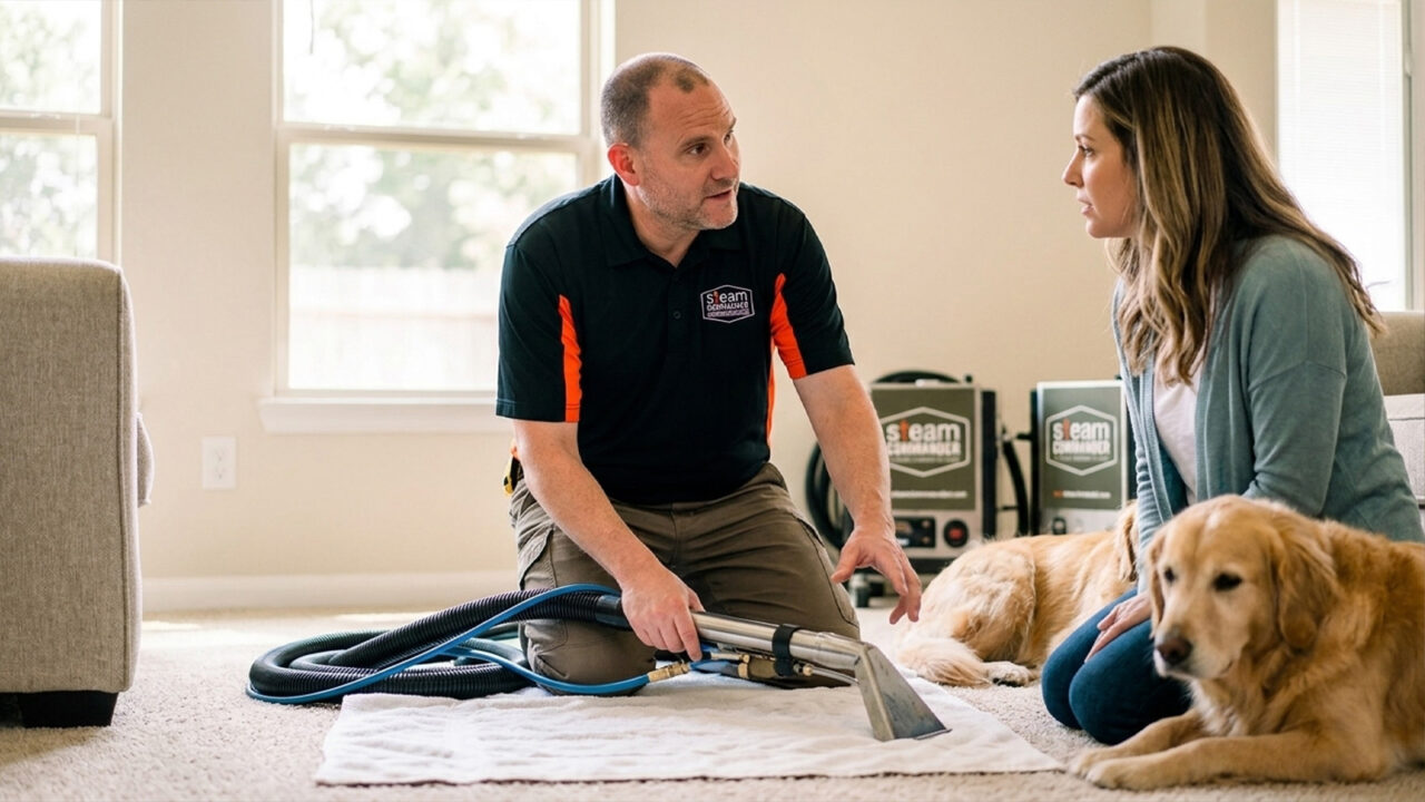 Steam Commander technician explains hot water extraction vs steam cleaning to a Cypress, TX pet owner