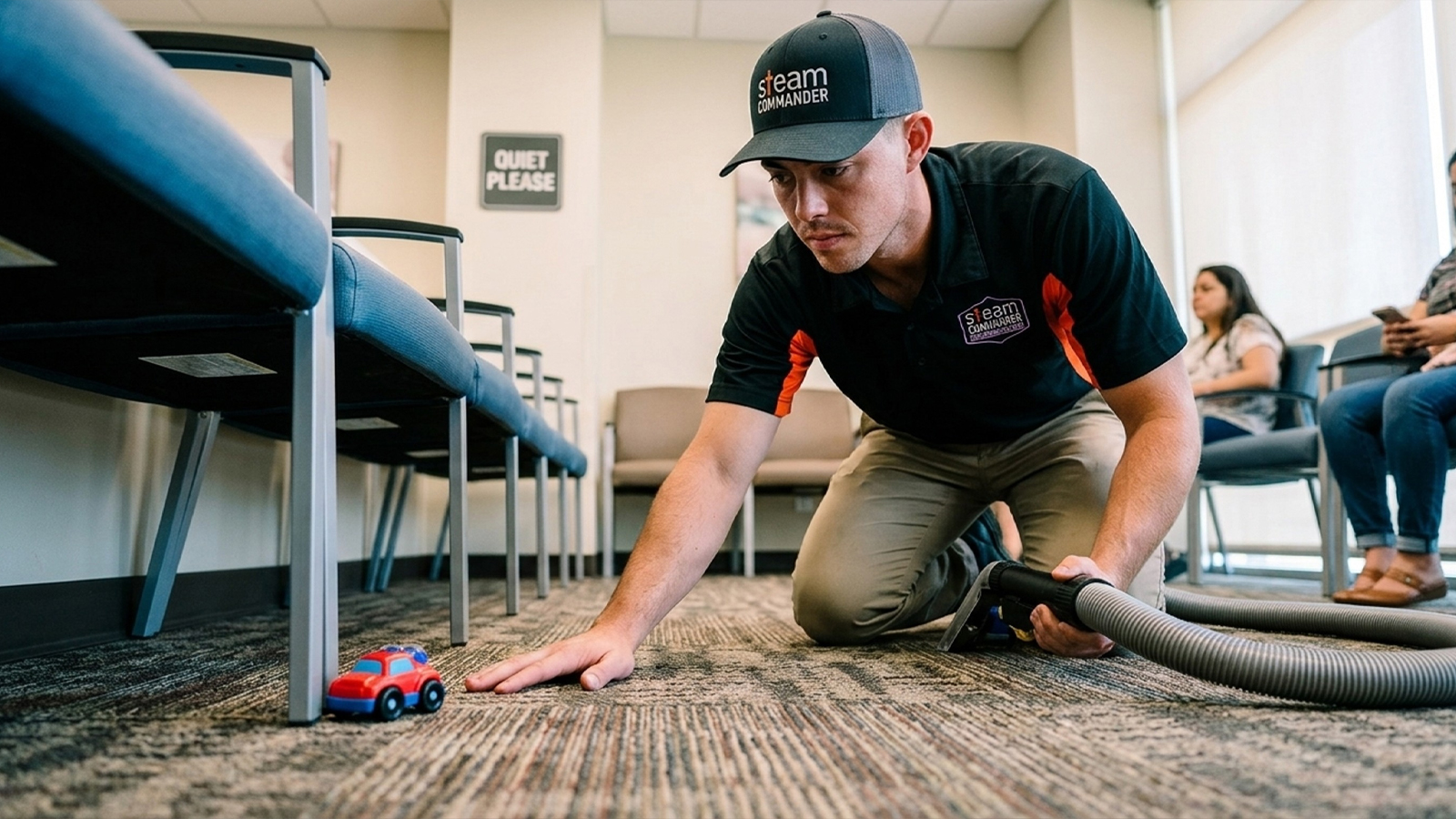 Steam Commander technician inspecting waiting room carpet in a Houston clinic for infection control standards