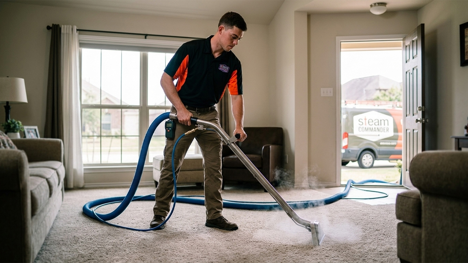 Steam Commander technician performing hot water extraction, the process most steam cleaning companies actually use
