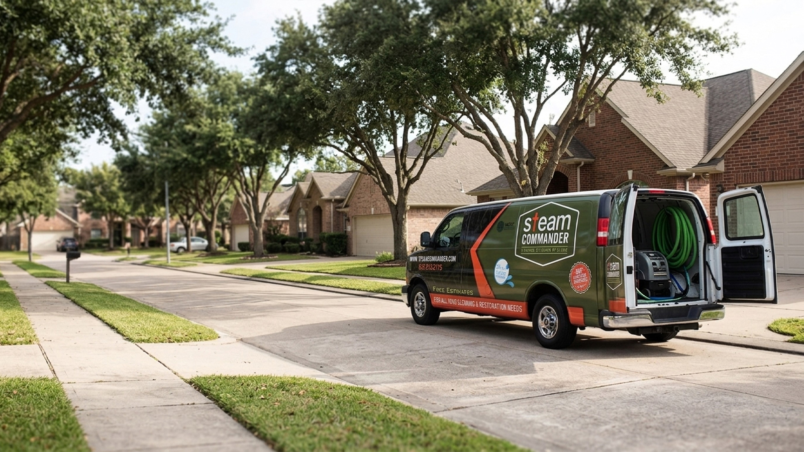 Steam Commander van parked in a Fairfield Village Cypress driveway during a carpet cleaning service call