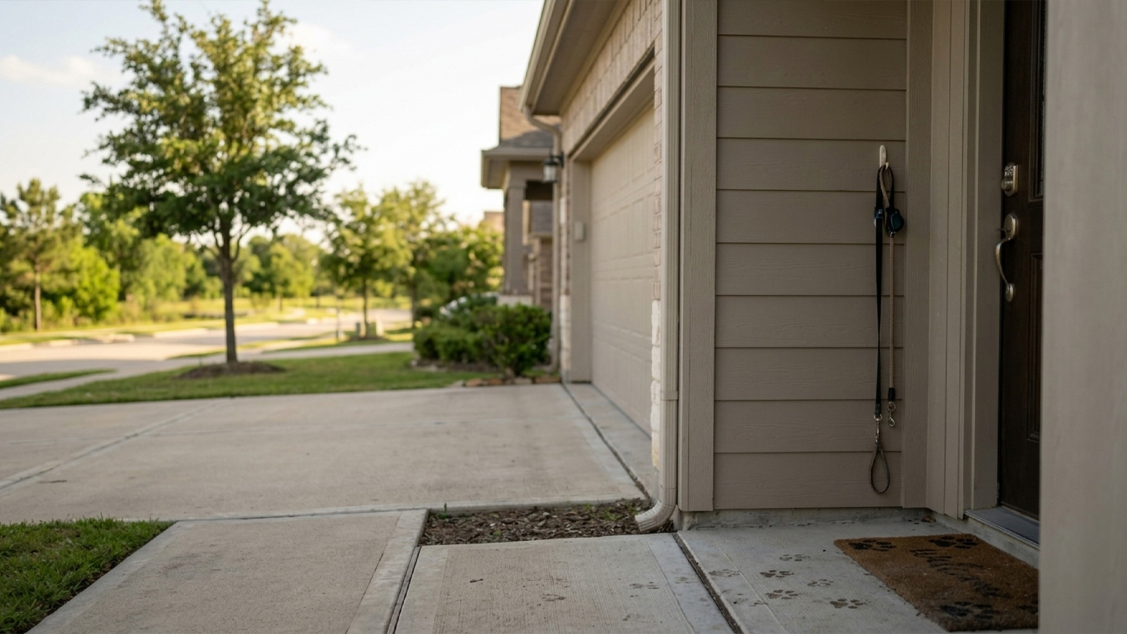 Suburban home exterior near Lakeland Village Park in Bridgeland showing pet foot-traffic entryway