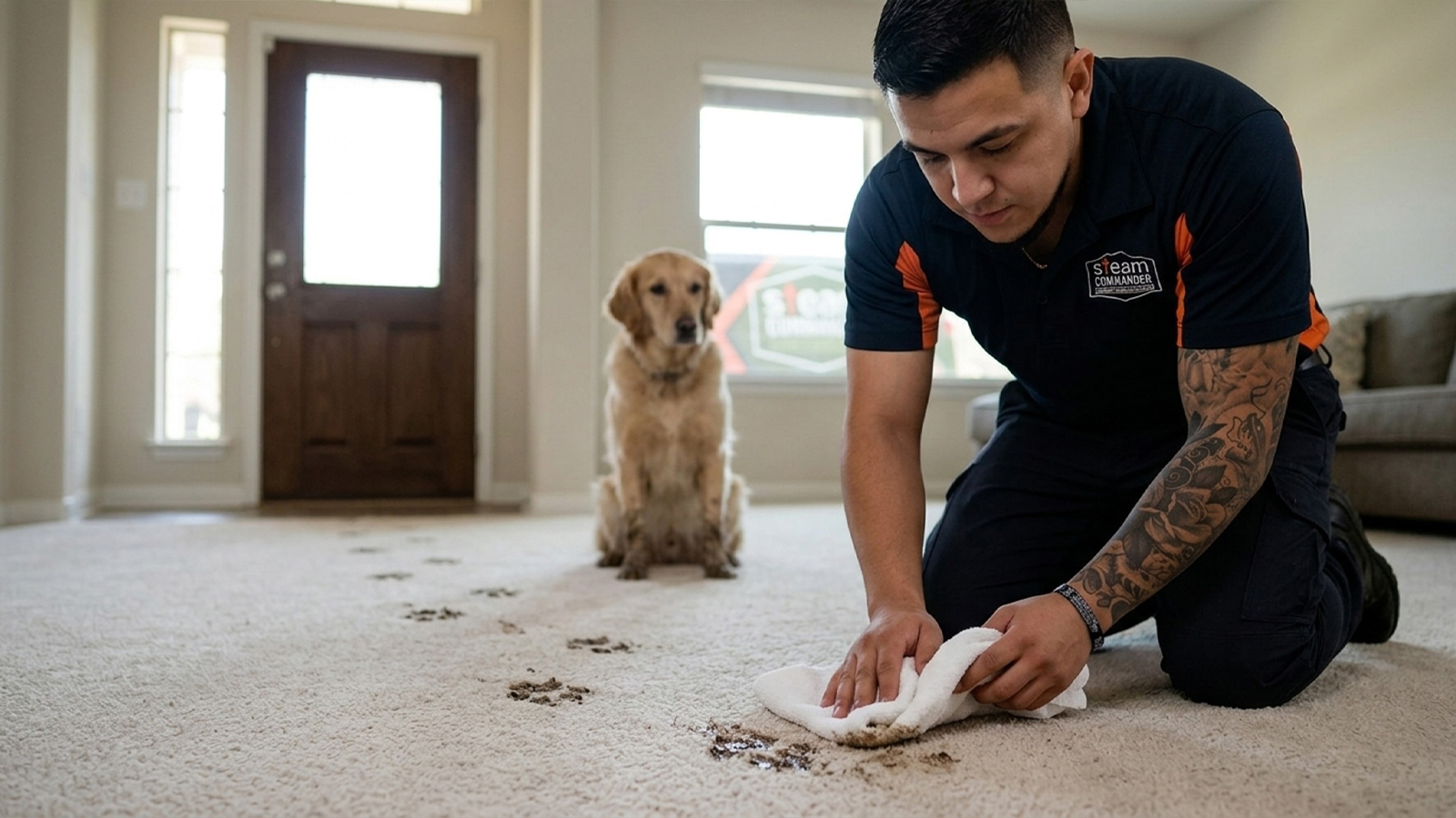 Technician blots muddy paw prints on carpet in a pet-owning home near Bridgeland's Lakeland Village Park