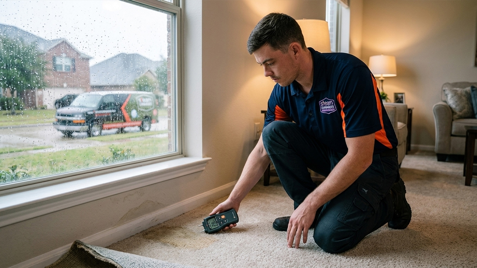 Technician checking hidden carpet moisture near a window in a Fairfield Village Cypress home