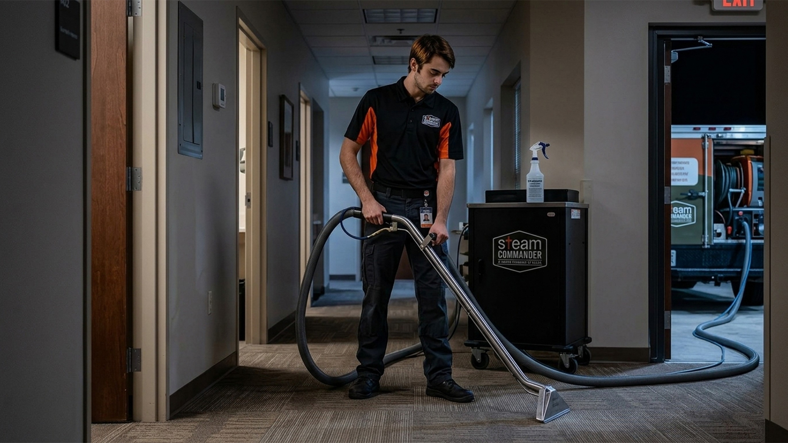Technician performing after-hours EPA-registered disinfectant carpet cleaning in a Houston medical clinic hallway