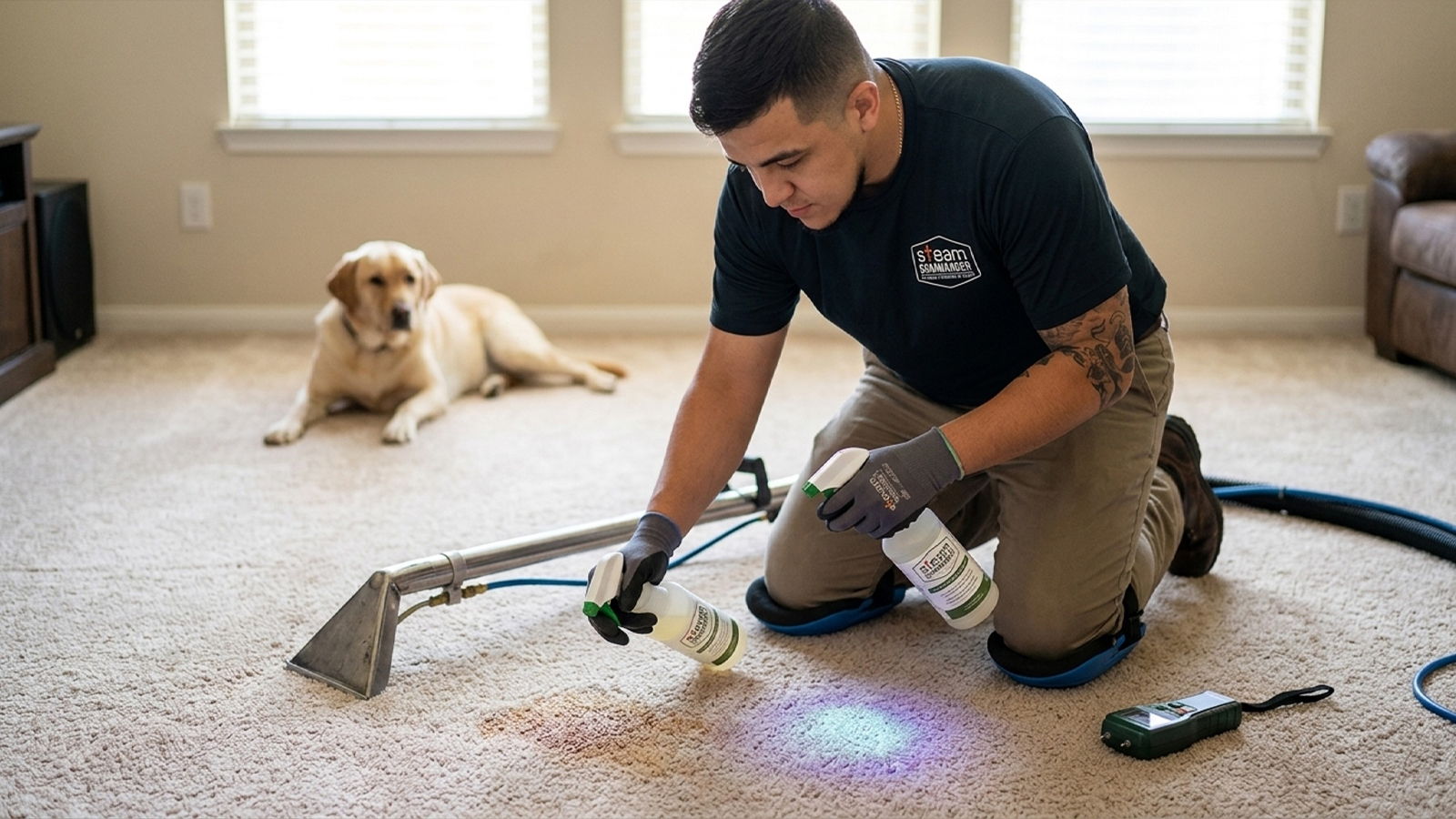 Technician pre-treats a pet stain before hot water extraction, the better method for pet odors