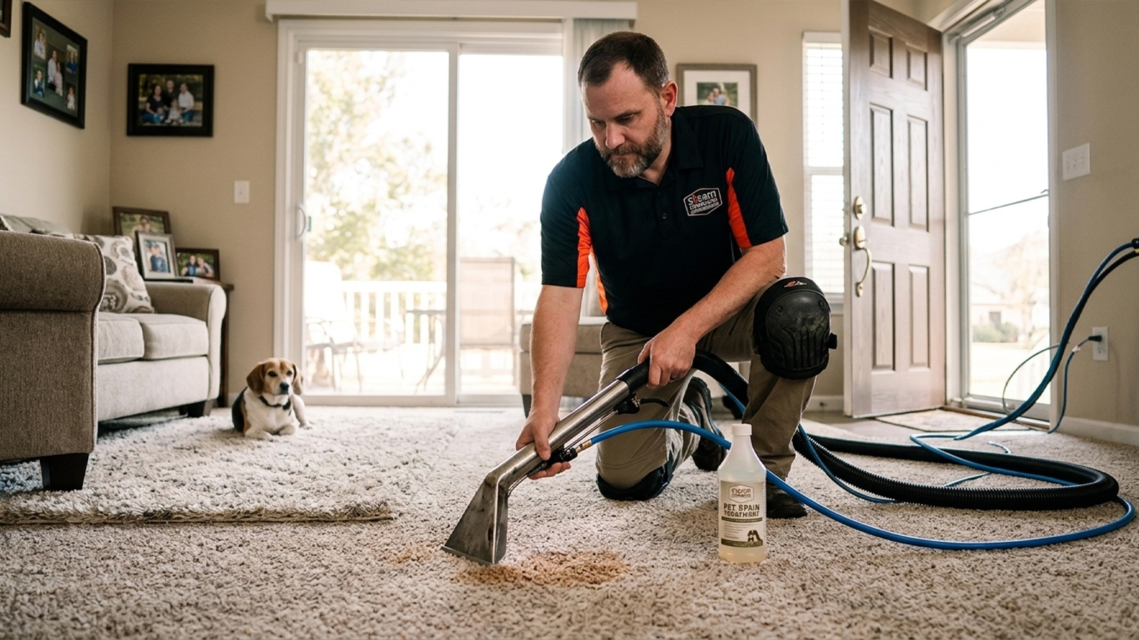 Technician steam cleaning a pet stain on carpet in a Fairfield Village Cypress home