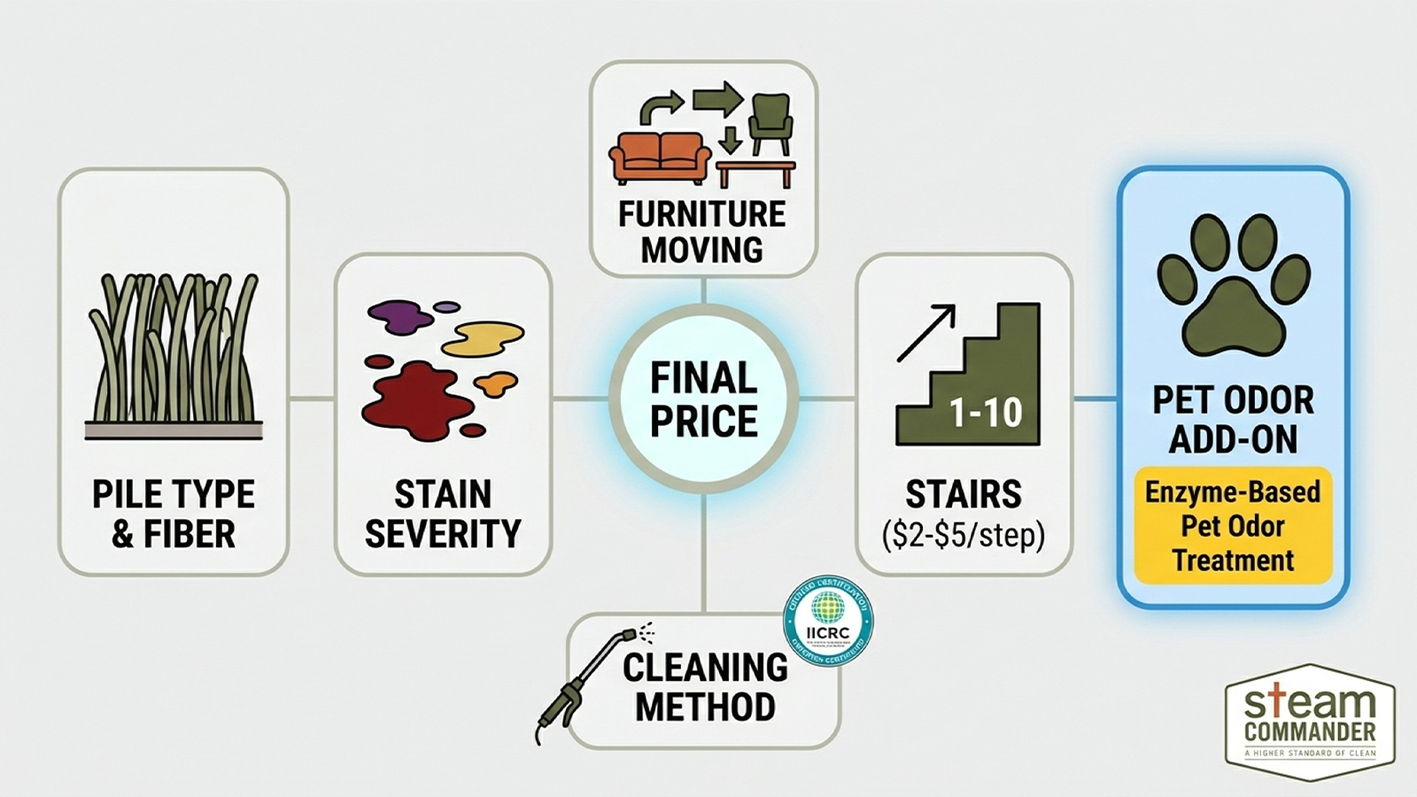 Infographic of factors affecting carpet cleaning cost including pet odor and stain treatment add-ons
