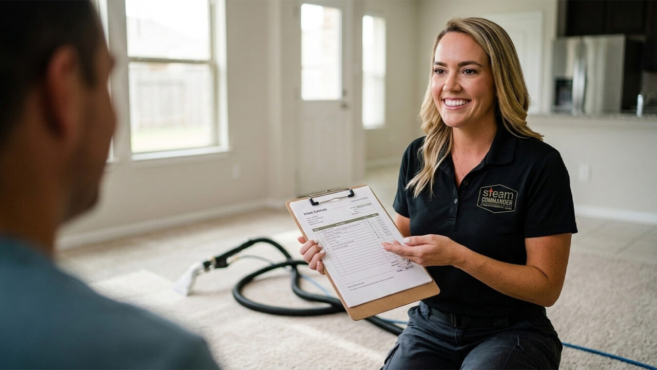 Steam Commander owner reviewing a written carpet cleaning cost estimate with a Houston homeowner