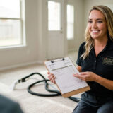 Steam Commander owner reviewing a written carpet cleaning cost estimate with a Houston homeowner