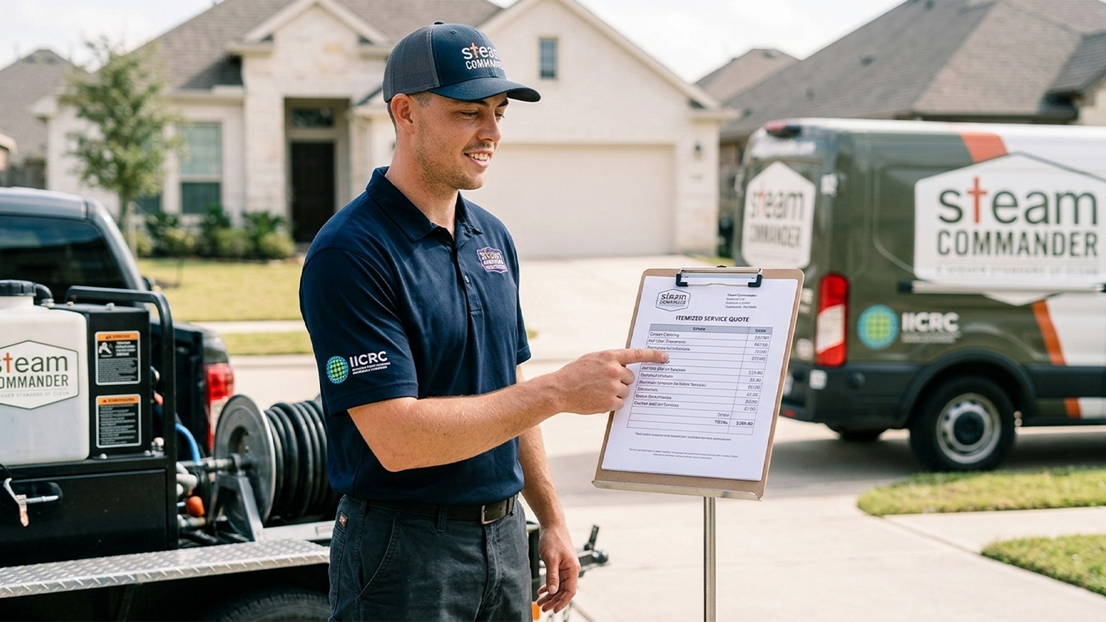 Steam Commander technician reviewing an itemized carpet cleaning quote beside steam extraction equipment