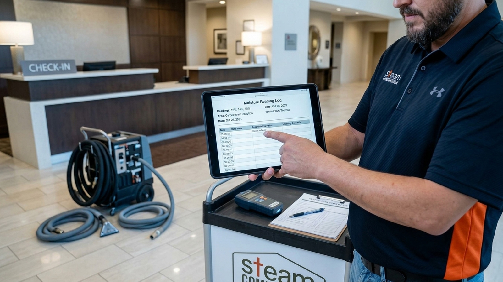 Technician reviews digital moisture log for hotel carpet cleaning Houston brand standards audit compliance