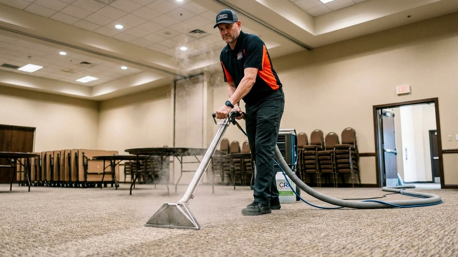Technician performs hot water extraction hotel carpet cleaning in a Houston banquet hall using truck-mounted equipment