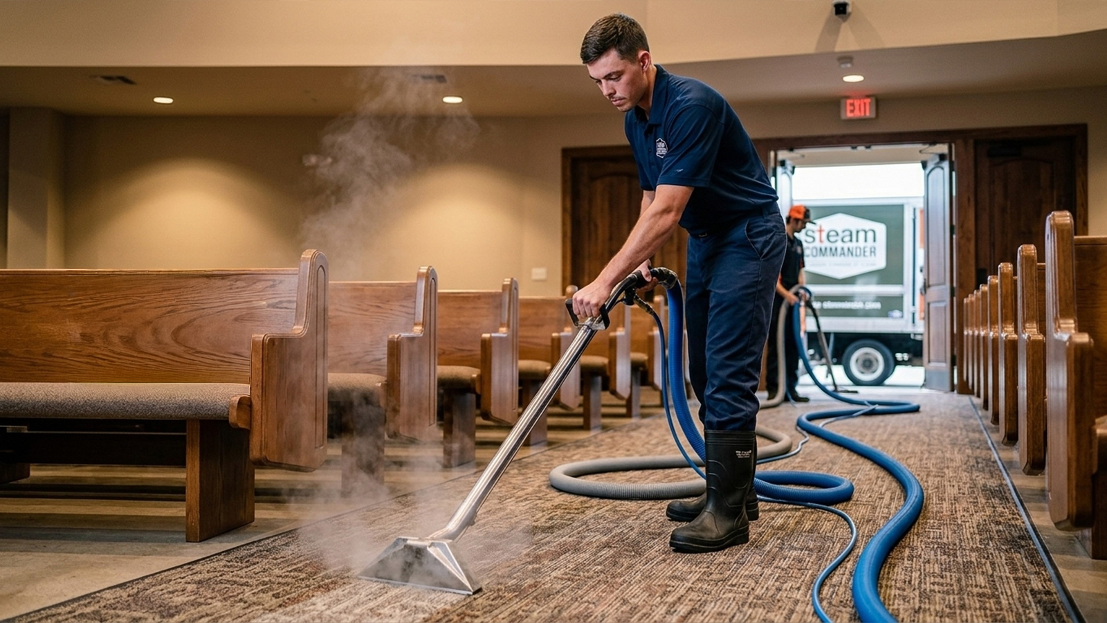 Technician performing hot water extraction carpet cleaning in a Houston church sanctuary aisle