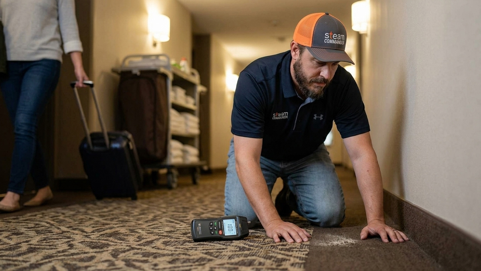 Technician examines high-traffic hotel corridor carpet fibers during commercial carpet cleaning Houston assessment